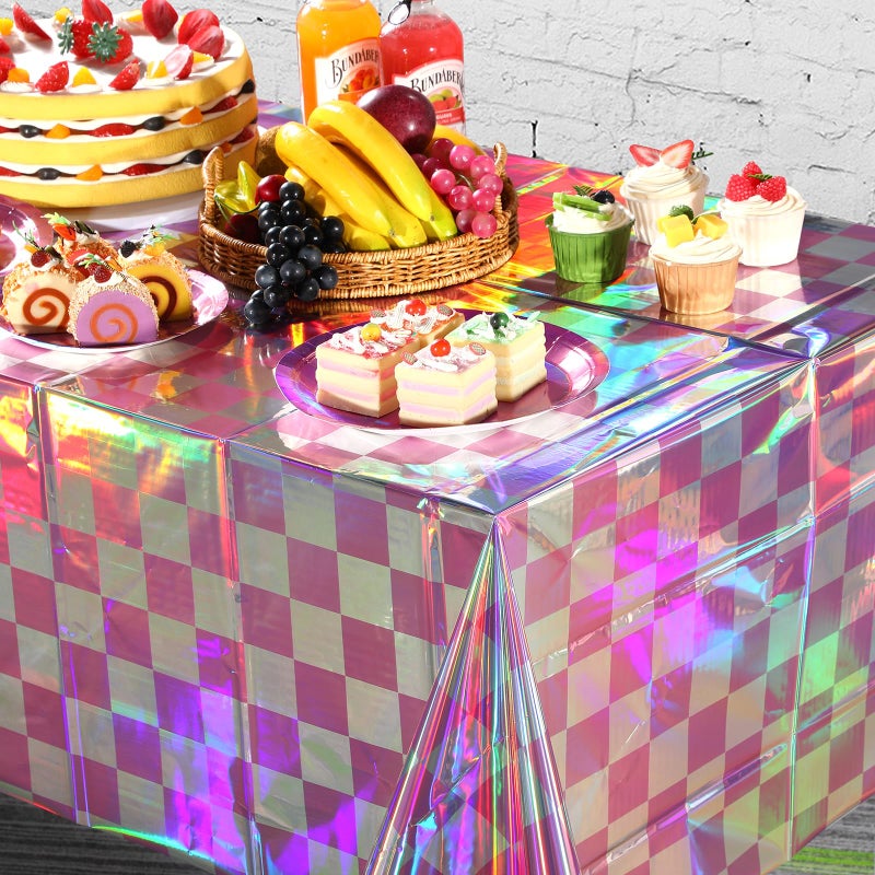 FunnyPars 3 Pack Pink and Iridescent Checkered Plastic Tablecloth  Shiny Disposable Laser Rectangle Table Covers  Holographic Foil Tablecloth Iridescent Party Decorations for Picnic Camping Outdoor  54x108Inch - Image 5